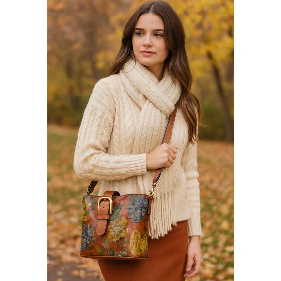 Patricia Nash Leather Irving Flap-Over Handbag Distressed English Garden Brown - Picture 1 of 10